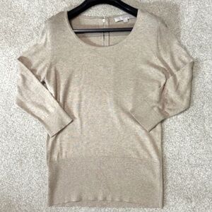 Ann Taylor LOFT Scoop Neck Sweater 3/4 Sleeve Back Accent Zipper Tan Size Small